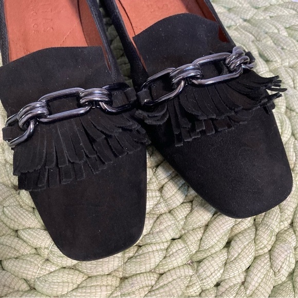 Hispanitas Pandora Black Suede Chain Fringe Slip On Block Heel Loafers Pump NWOB - Picture 5 of 11